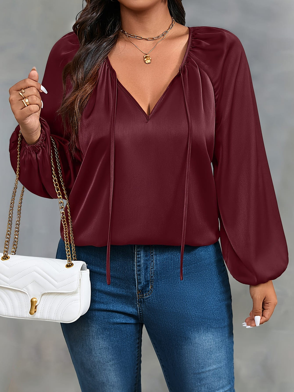 jkthpu-45 Plus Size Green Ruffle VNeck Blouse Effortless Casual Style