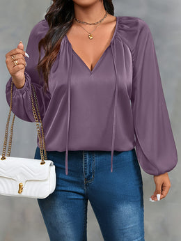 jkthpu-45 Plus Size Green Ruffle VNeck Blouse Effortless Casual Style