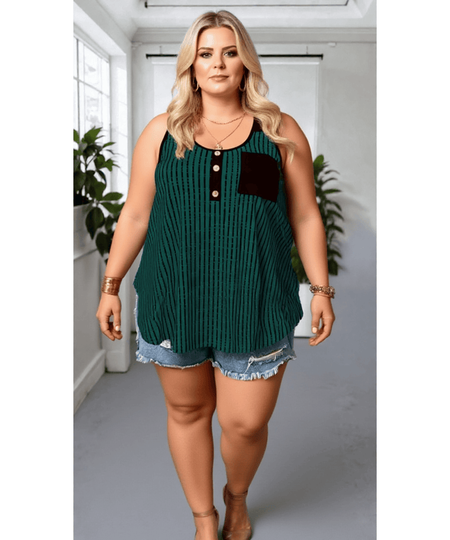 KissICON Plus Size Green Striped Tank Top with Button Detail & Contrast Pocket