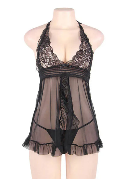 KissICON Plus size half tansparent mesh satin women sexy lingerie set nightgown and sleepshirts babydoll chemise with G-String from M-5XL