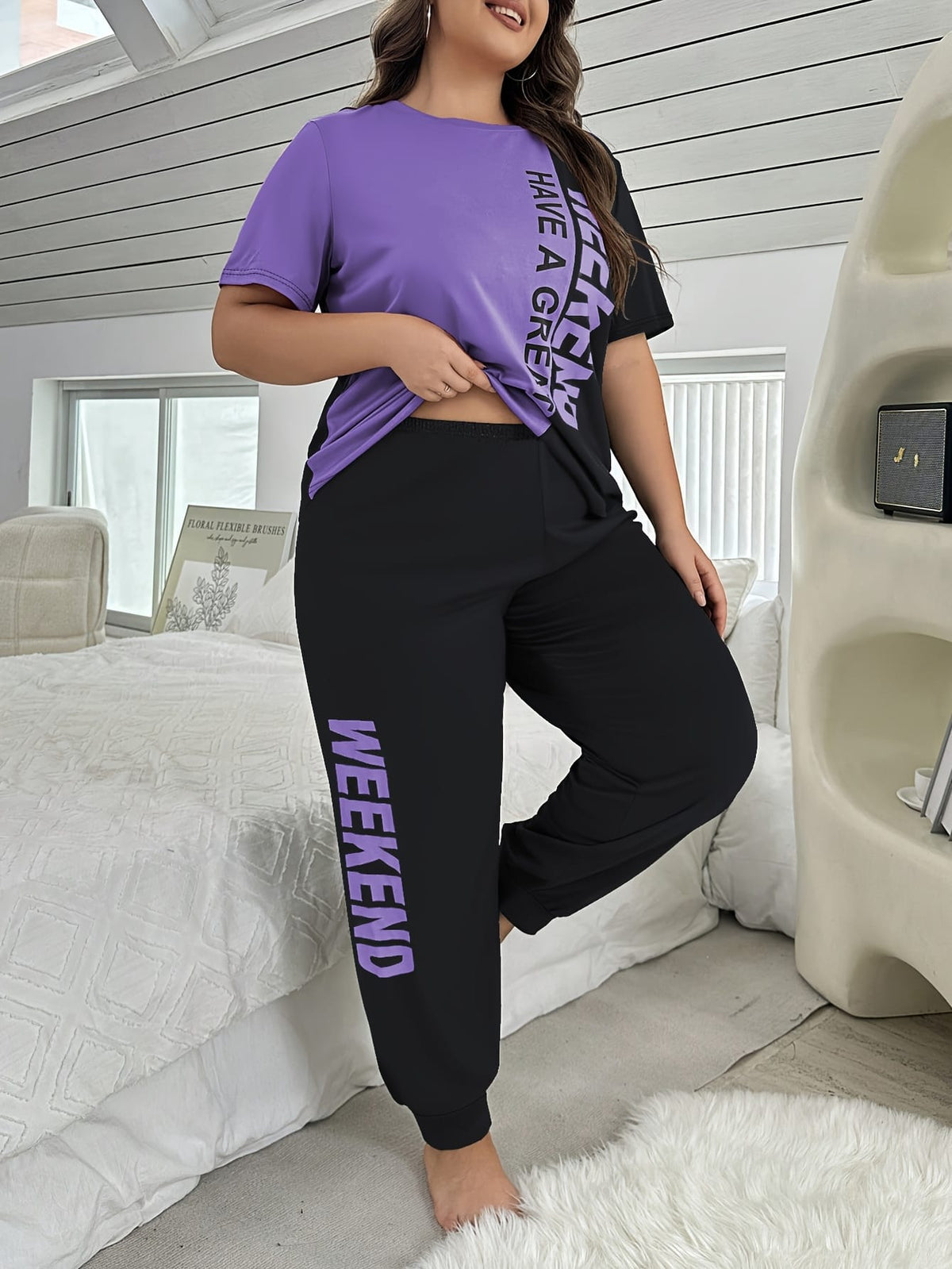 jkthpu-45 Plus Size "Have a Great Weekend" Print Short