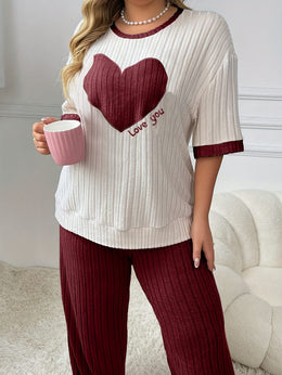 jkthpu-45 Plus Size Heart Embroidery Slim Fit Short Sleeve