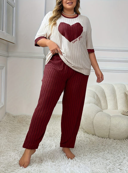 jkthpu-45 Plus Size Heart Embroidery Slim Fit Short Sleeve