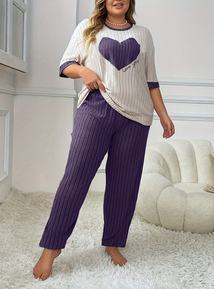 jkthpu-45 Plus Size Heart Embroidery Slim Fit Short Sleeve