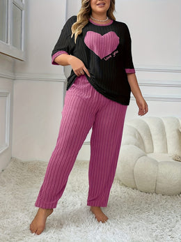 jkthpu-45 Plus Size Heart Embroidery Slim Fit Short Sleeve