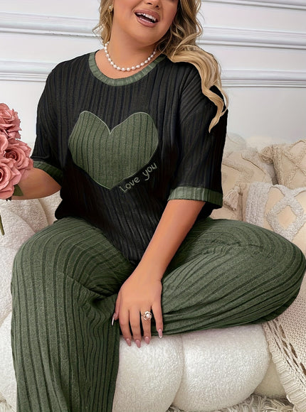 jkthpu-45 Plus Size Heart Embroidery Slim Fit Short Sleeve