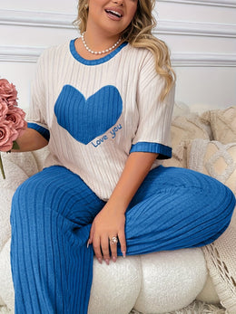 jkthpu-45 Plus Size Heart Embroidery Slim Fit Short Sleeve