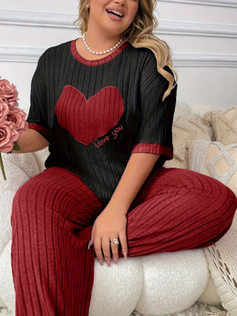 jkthpu-45 Plus Size Heart Embroidery Slim Fit Short Sleeve