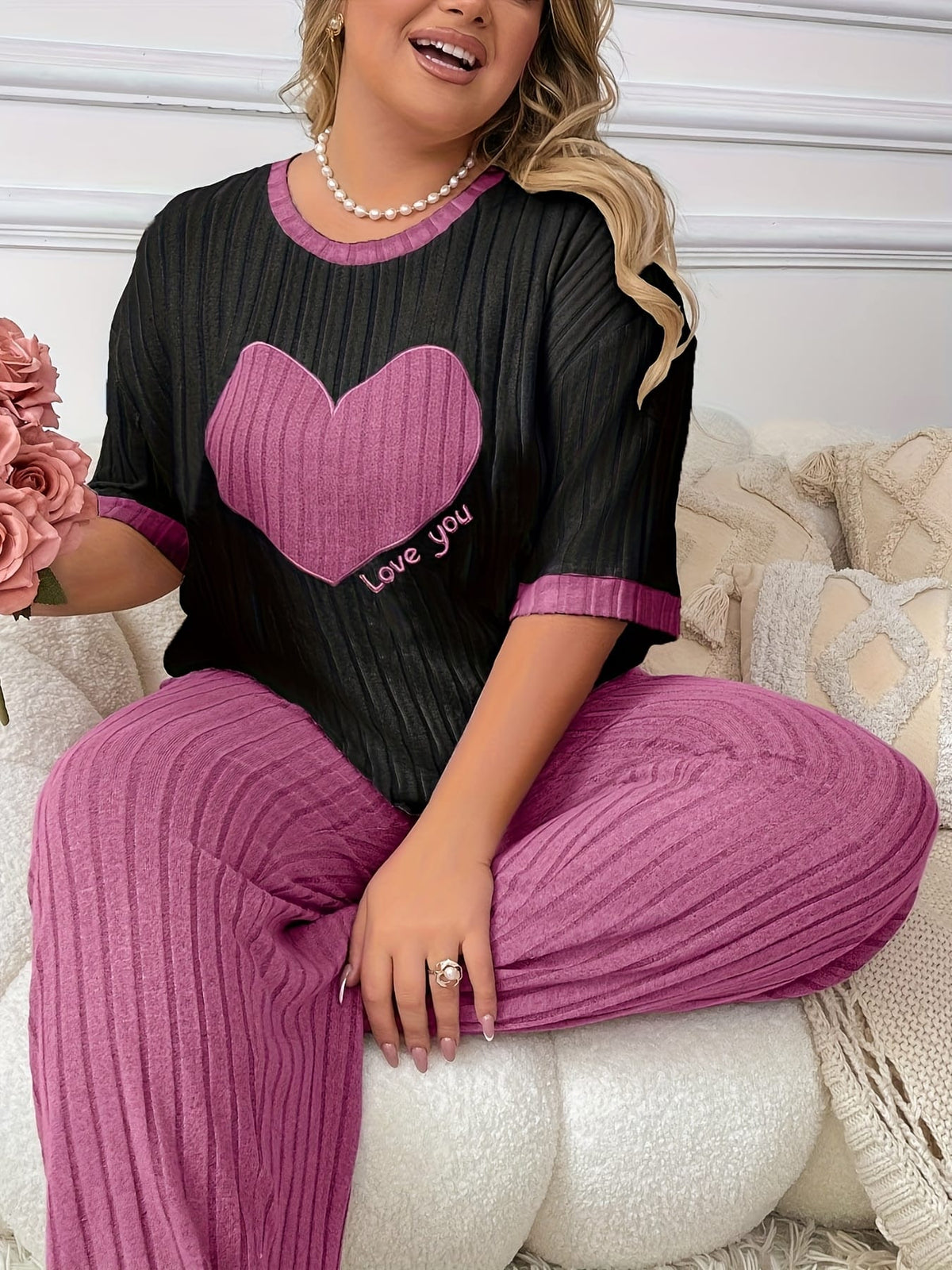 jkthpu-45 Plus Size Heart Embroidery Slim Fit Short Sleeve