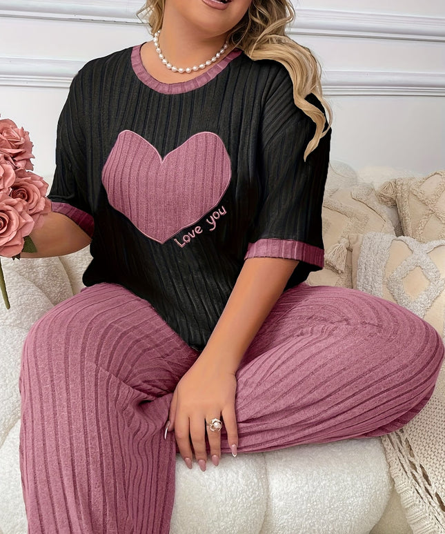 jkthpu-45 Plus Size Heart Embroidery Slim Fit Short Sleeve