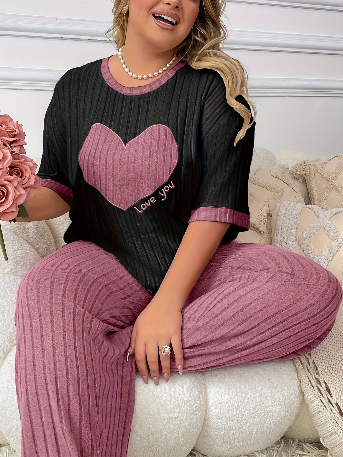 jkthpu-45 Plus Size Heart Embroidery Slim Fit Short Sleeve