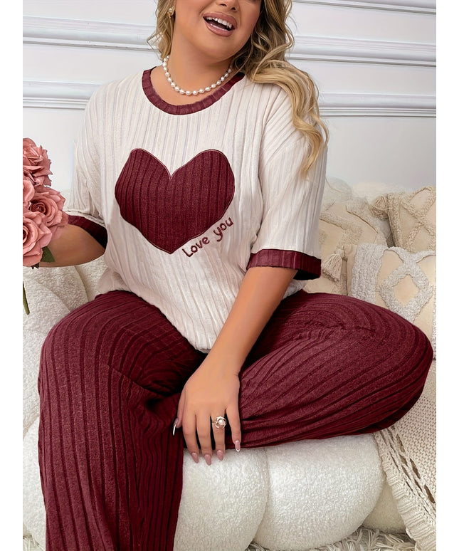 jkthpu-45 Plus Size Heart Embroidery Slim Fit Short Sleeve