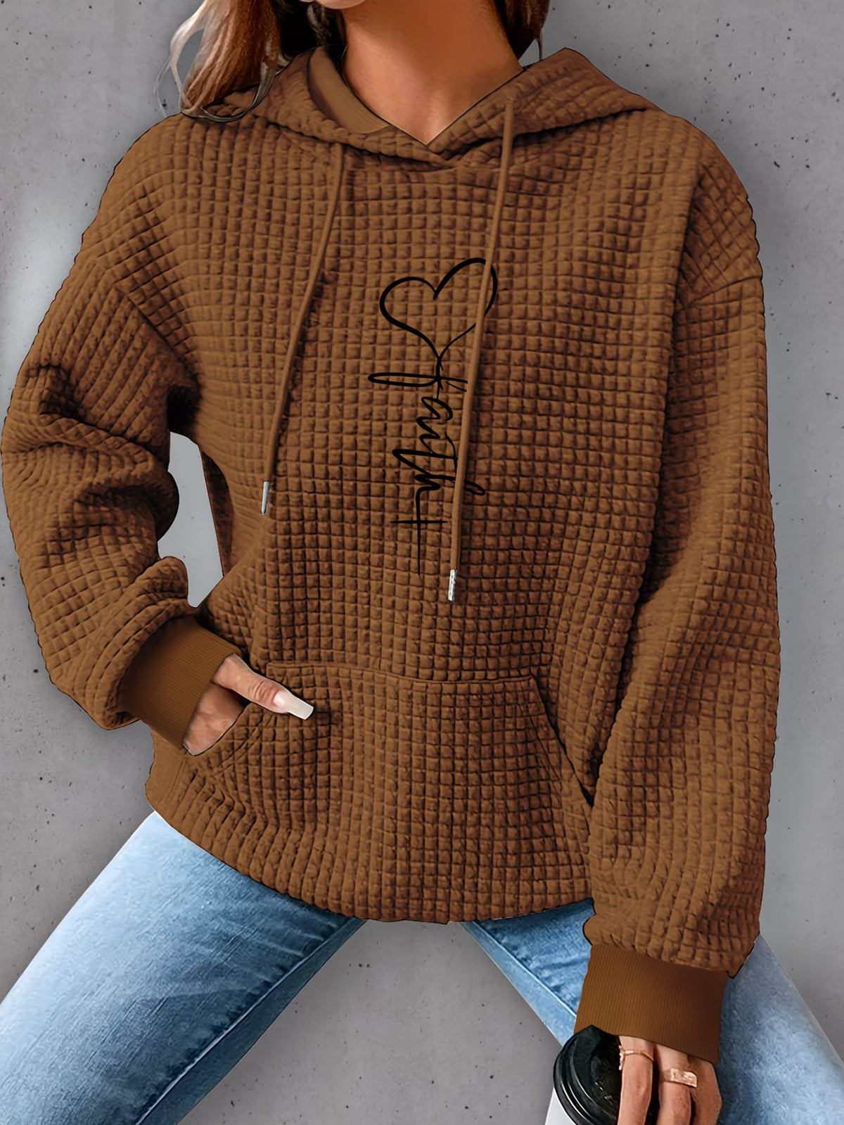 jkthpu-45 Plus Size Heart Print Hoodie, Casual Long Sleeve