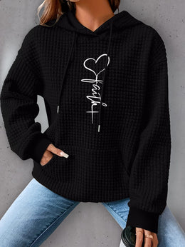 jkthpu-45 Plus Size Heart Print Hoodie, Casual Long Sleeve