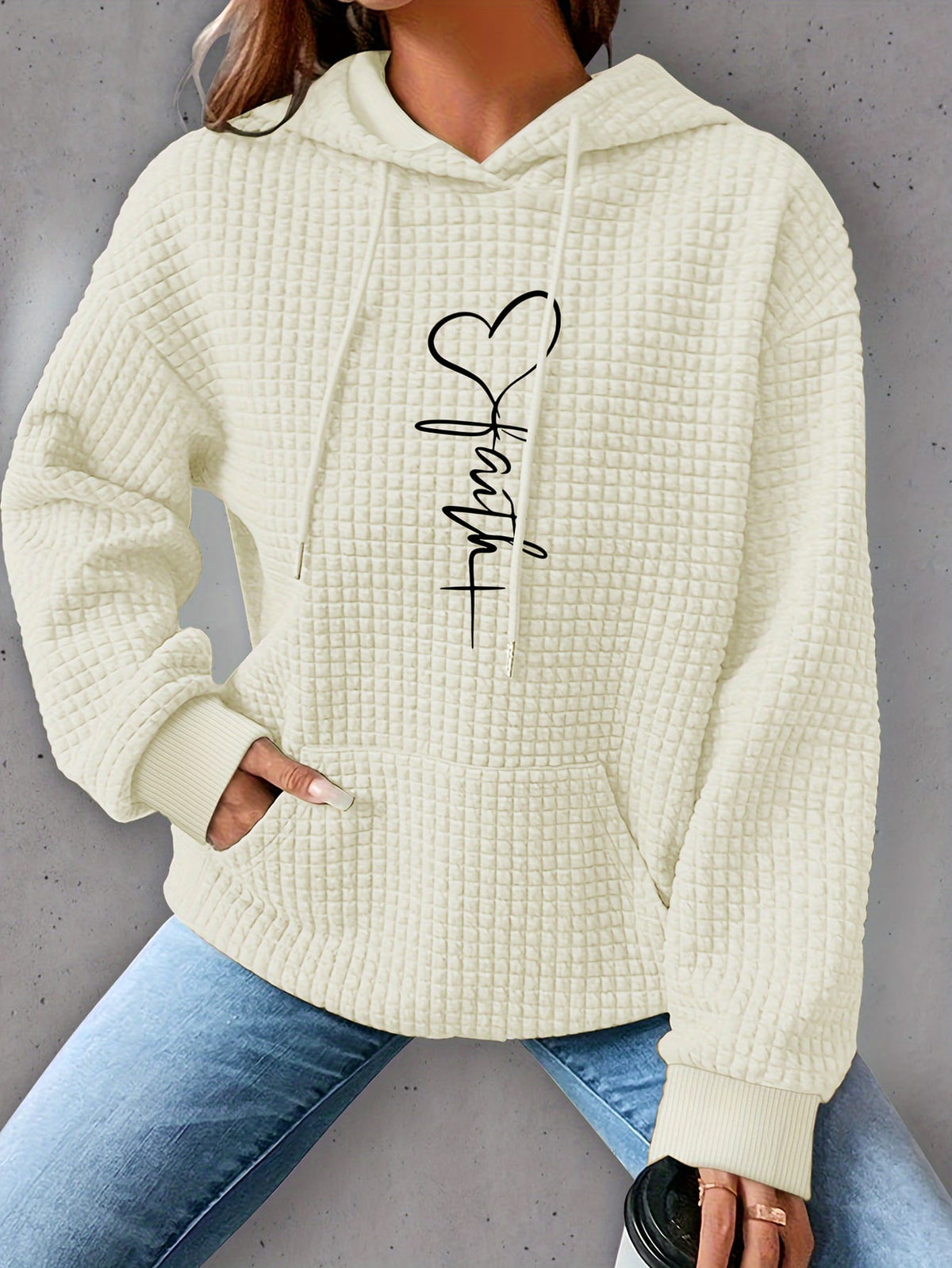 jkthpu-45 Plus Size Heart Print Hoodie, Casual Long Sleeve