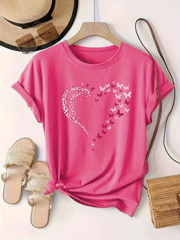 KissICON Plus Size Heart Print T-Shirt, Casual Crew Neck Short Sleeve T-Shirt, Women's Plus Size Clothing