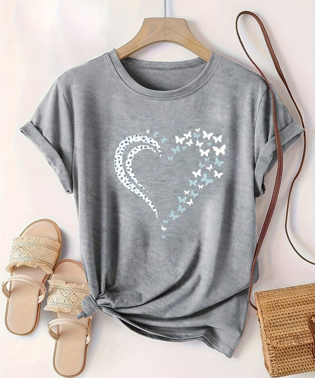 KissICON Plus Size Heart Print T-Shirt, Casual Crew Neck Short Sleeve T-Shirt, Women's Plus Size Clothing