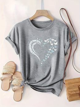 KissICON Plus Size Heart Print T-Shirt, Casual Crew Neck Short Sleeve T-Shirt, Women's Plus Size Clothing