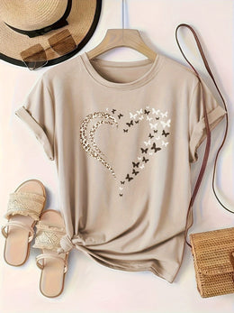 KissICON Plus Size Heart Print T-Shirt, Casual Crew Neck Short Sleeve T-Shirt, Women's Plus Size Clothing