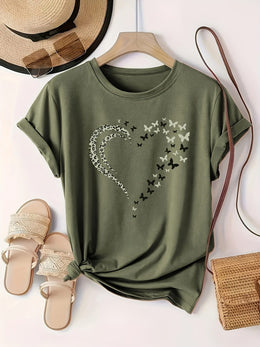KissICON Plus Size Heart Print T-Shirt, Casual Crew Neck Short Sleeve T-Shirt, Women's Plus Size Clothing