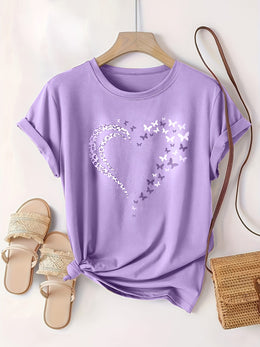 KissICON Plus Size Heart Print T-Shirt, Casual Crew Neck Short Sleeve T-Shirt, Women's Plus Size Clothing