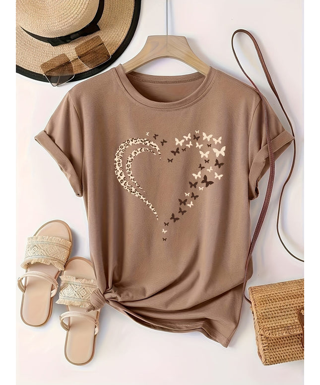KissICON Plus Size Heart Print T-Shirt, Casual Crew Neck Short Sleeve T-Shirt, Women's Plus Size Clothing
