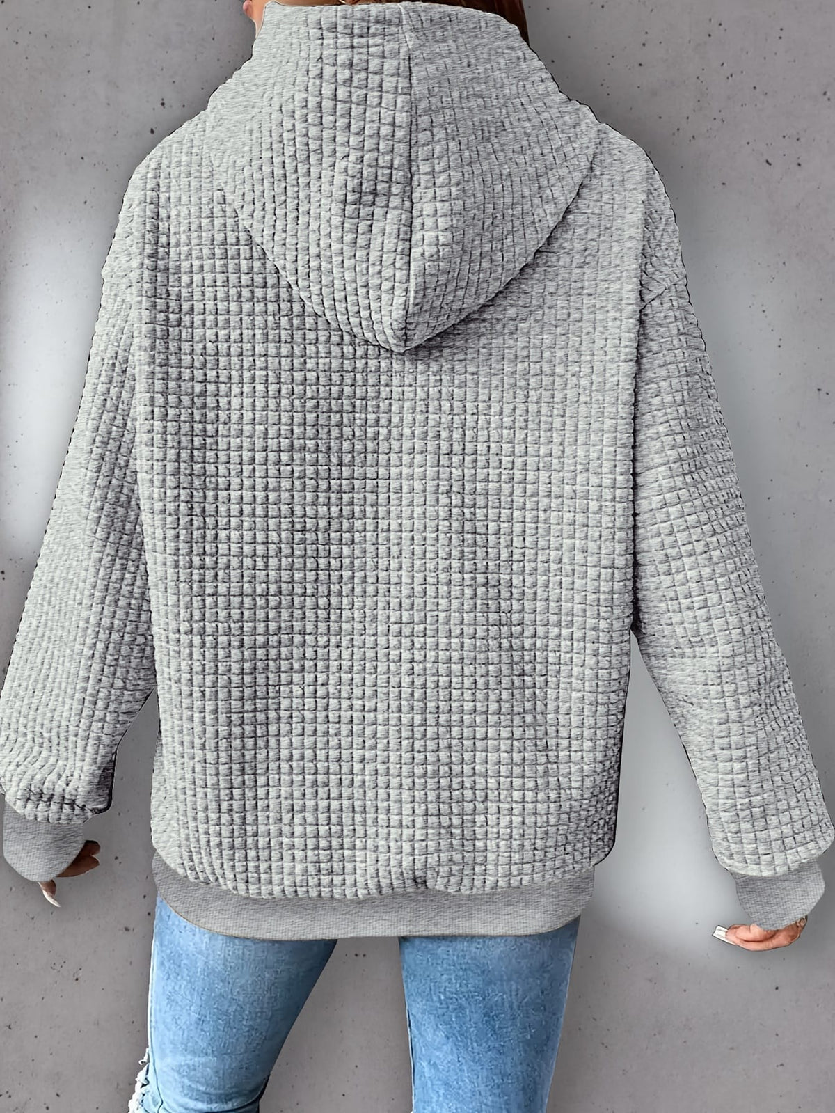 jkthpu-45 Plus Size Heart Print Waffle Hoodie, Casual Long