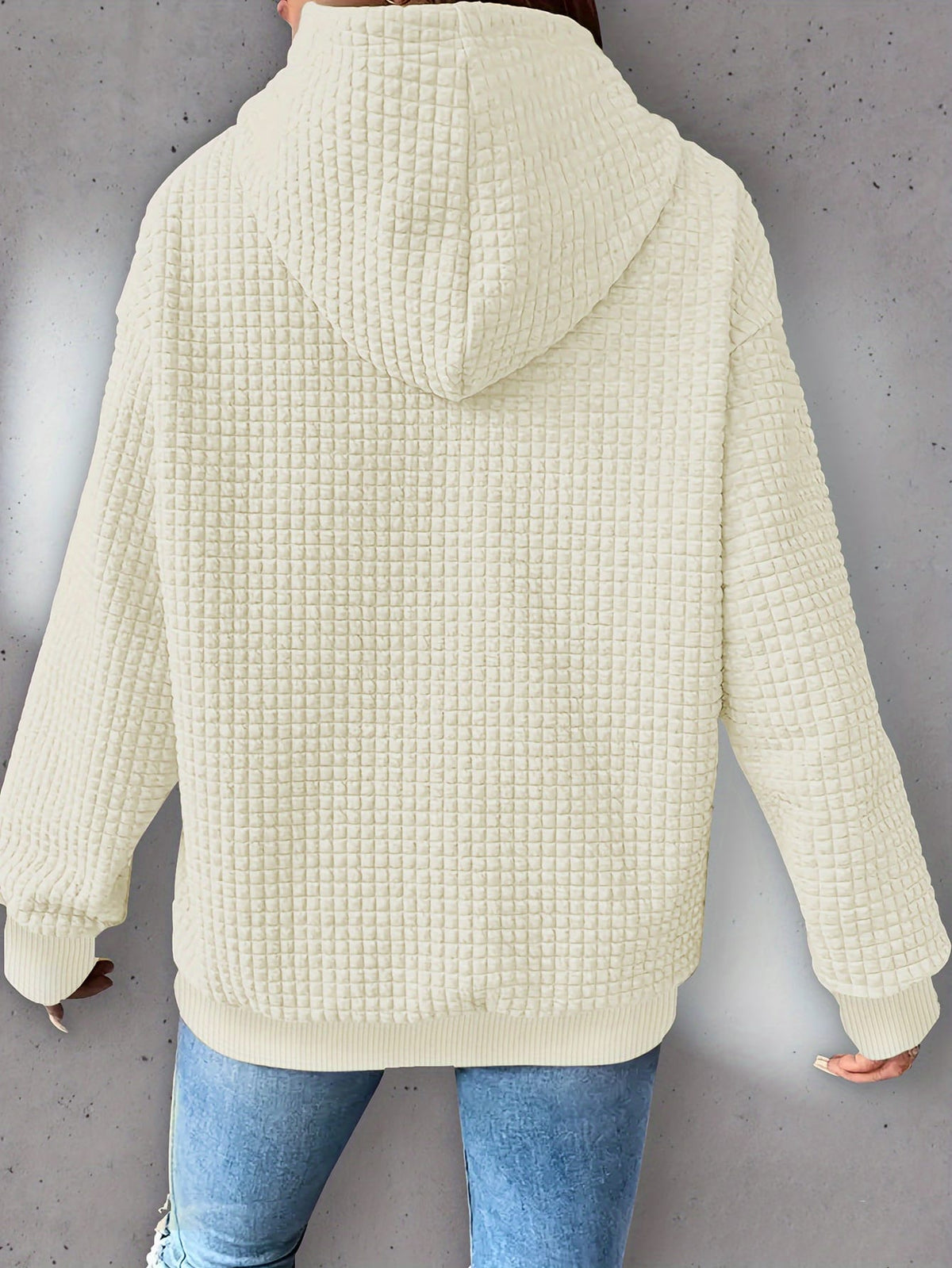 jkthpu-45 Plus Size Heart Print Waffle Hoodie, Casual Long