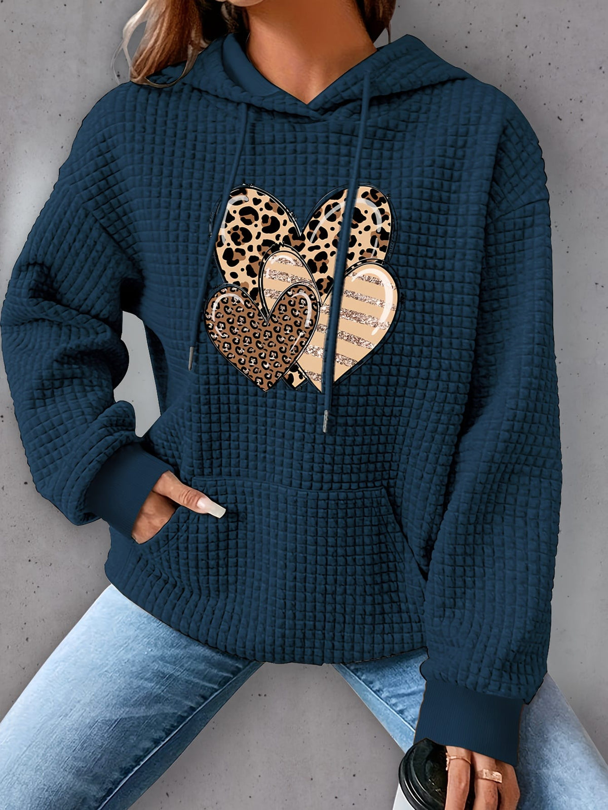 jkthpu-45 Plus Size Heart Print Waffle Hoodie, Casual Long