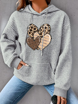 jkthpu-45 Plus Size Heart Print Waffle Hoodie, Casual Long