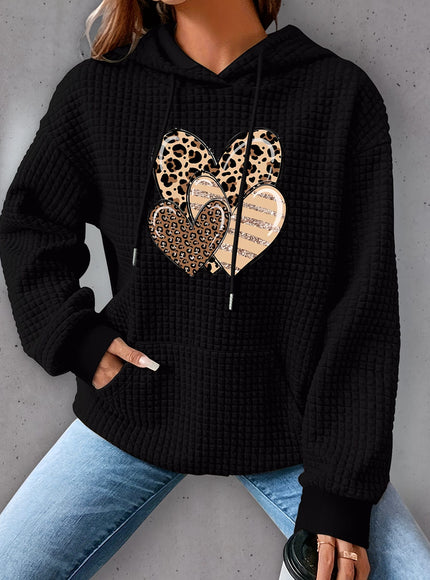 jkthpu-45 Plus Size Heart Print Waffle Hoodie, Casual Long