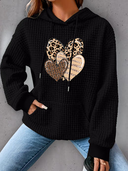 jkthpu-45 Plus Size Heart Print Waffle Hoodie, Casual Long
