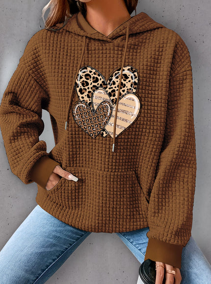 jkthpu-45 Plus Size Heart Print Waffle Hoodie, Casual Long