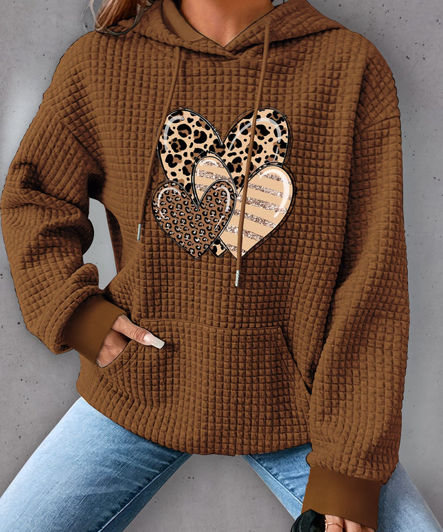 jkthpu-45 Plus Size Heart Print Waffle Hoodie, Casual Long