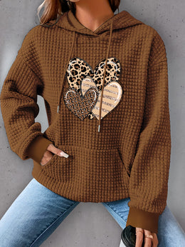 jkthpu-45 Plus Size Heart Print Waffle Hoodie, Casual Long
