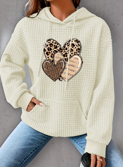 jkthpu-45 Plus Size Heart Print Waffle Hoodie, Casual Long