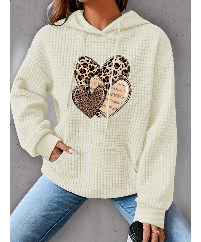 jkthpu-45 Plus Size Heart Print Waffle Hoodie, Casual Long