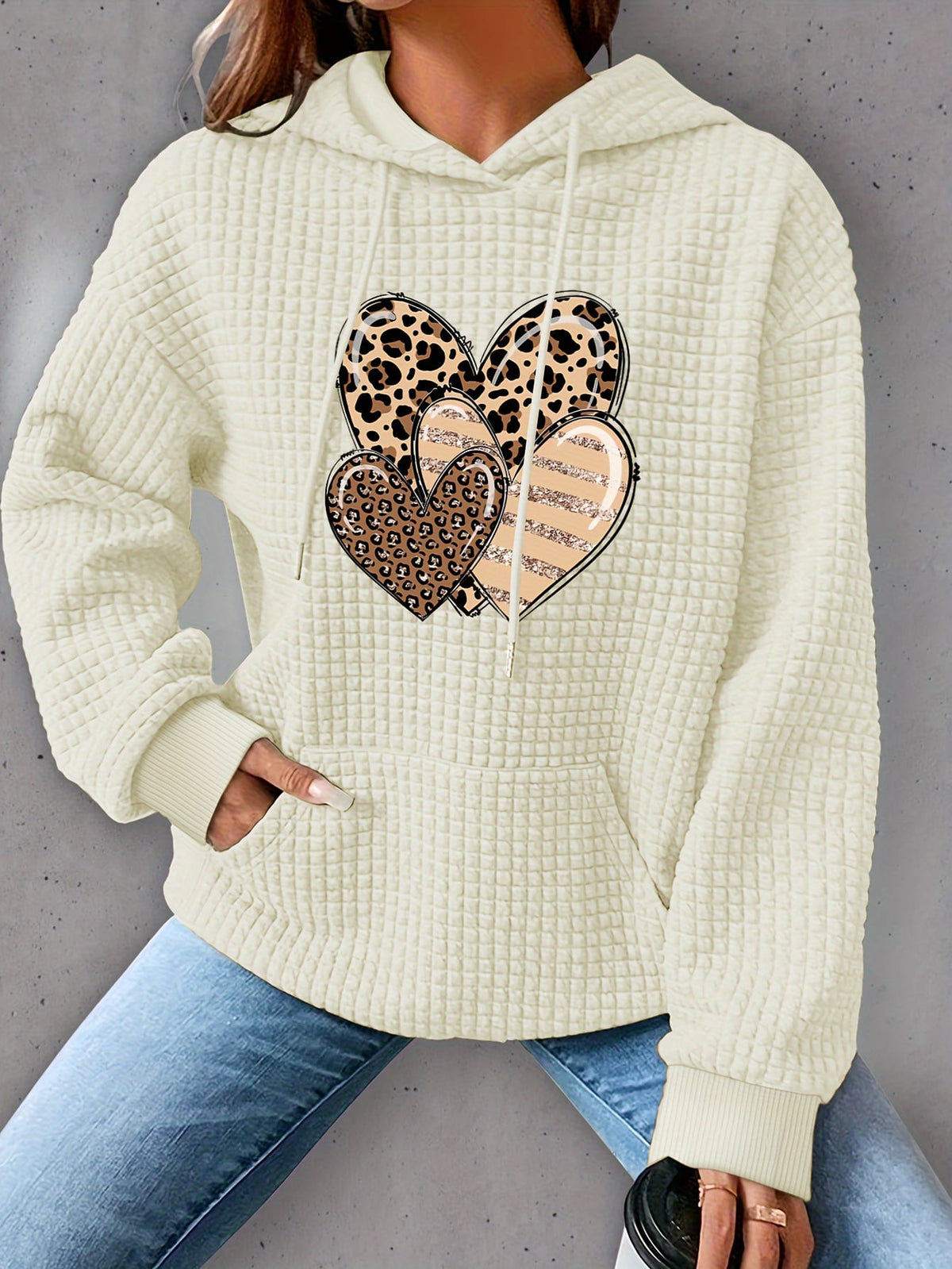 jkthpu-45 Plus Size Heart Print Waffle Hoodie, Casual Long