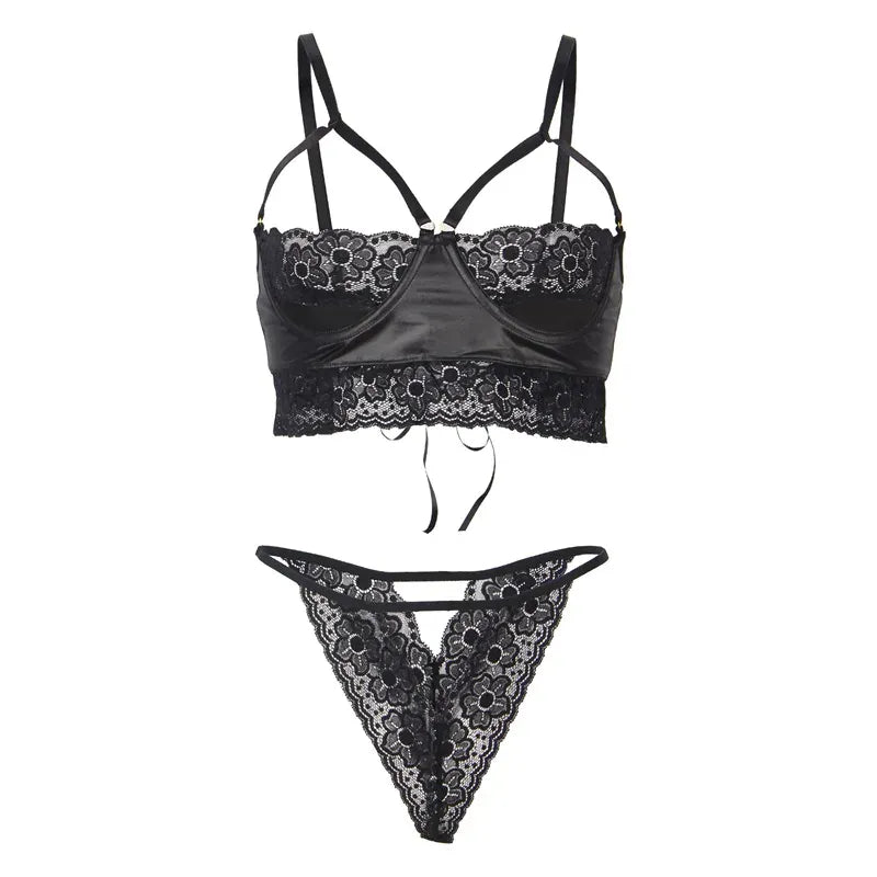 KissICON Plus Size High Quality Faux Leather sexy women lingerie sets pajama sets Bra and Panties Set for woman ladies with Leg loop