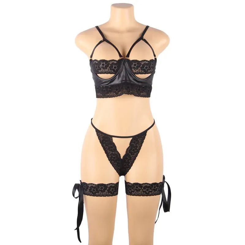 KissICON Plus Size High Quality Faux Leather sexy women lingerie sets pajama sets Bra and Panties Set for woman ladies with Leg loop