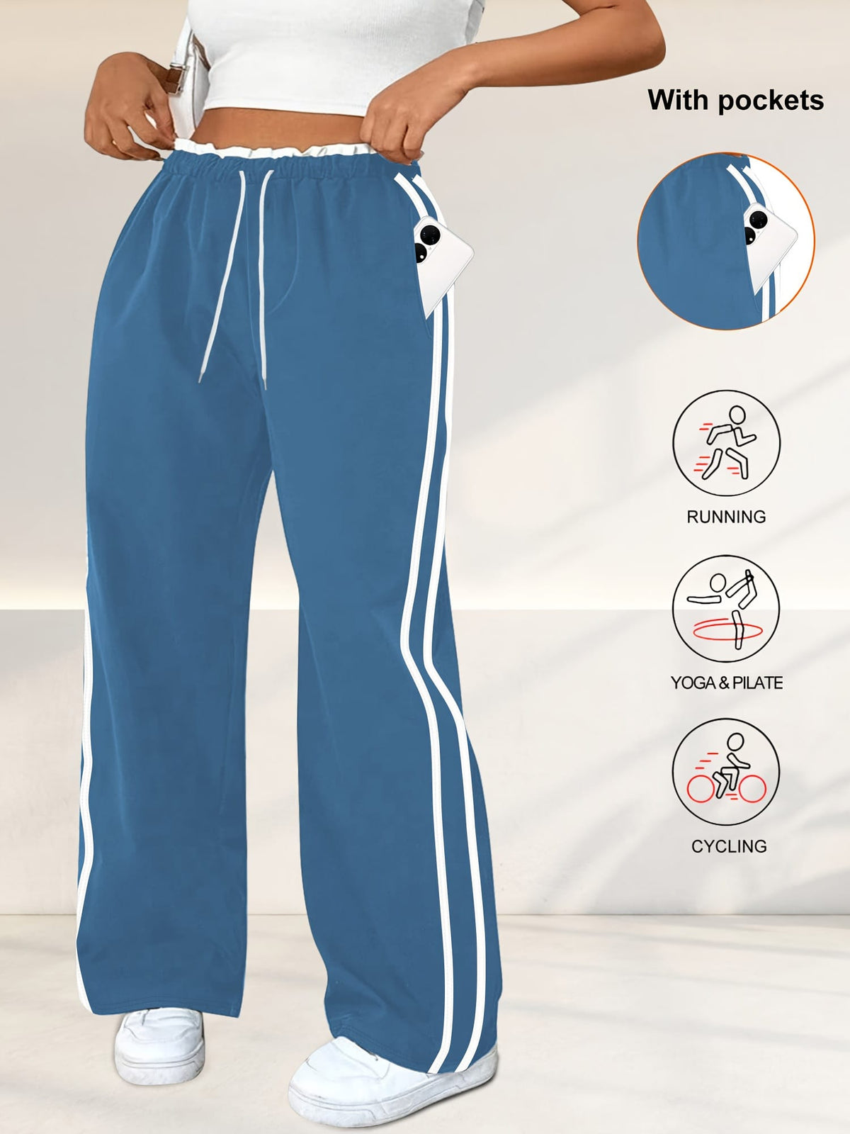 jkthpu-45 Plus Size High Stretch Straight Leg Trousers with Side Stripe – 6 Colours