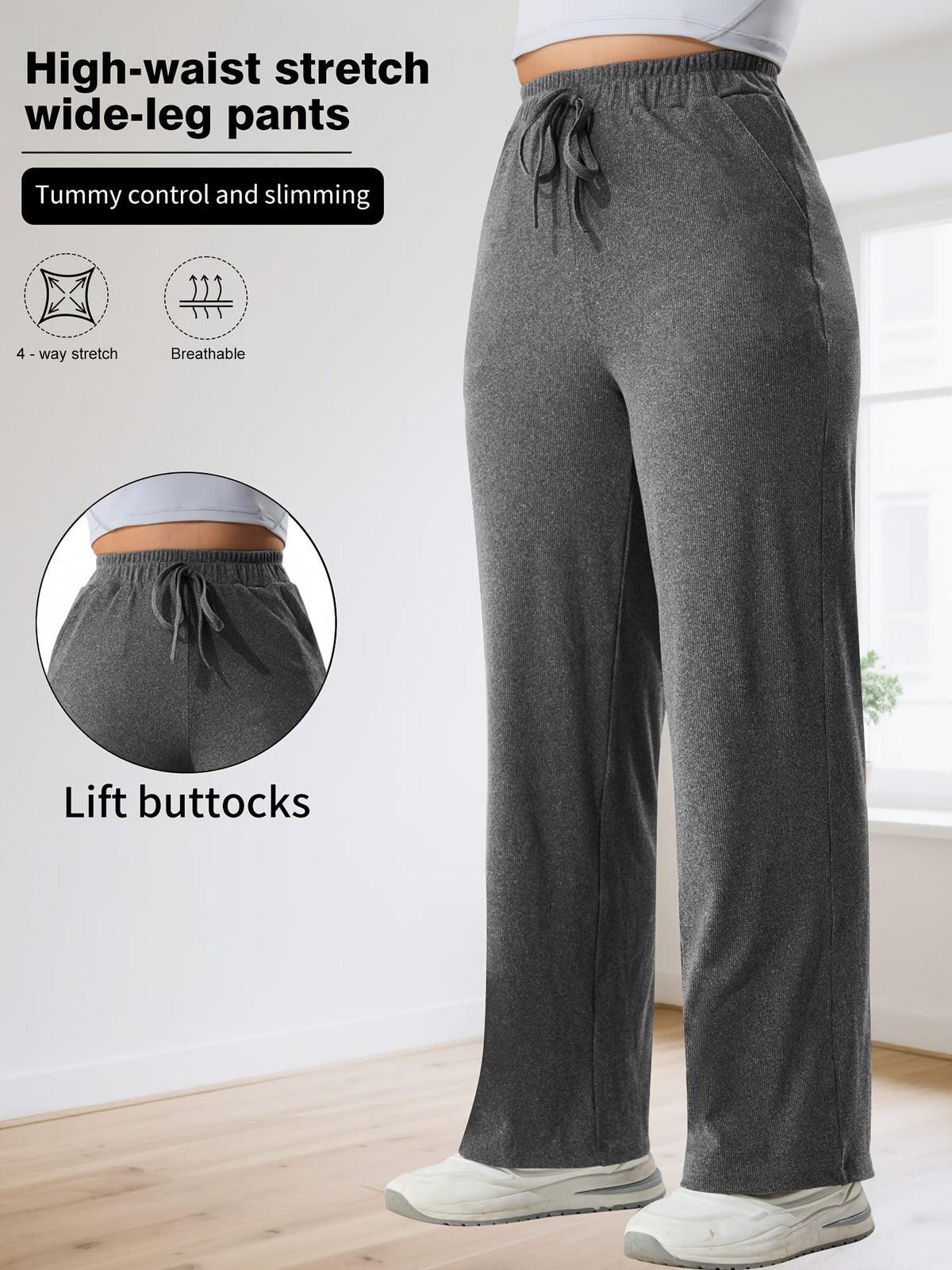 jkthpu-45 Plus Size High Stretch Wide Leg Palazzo Trousers – Lace-Up Waist