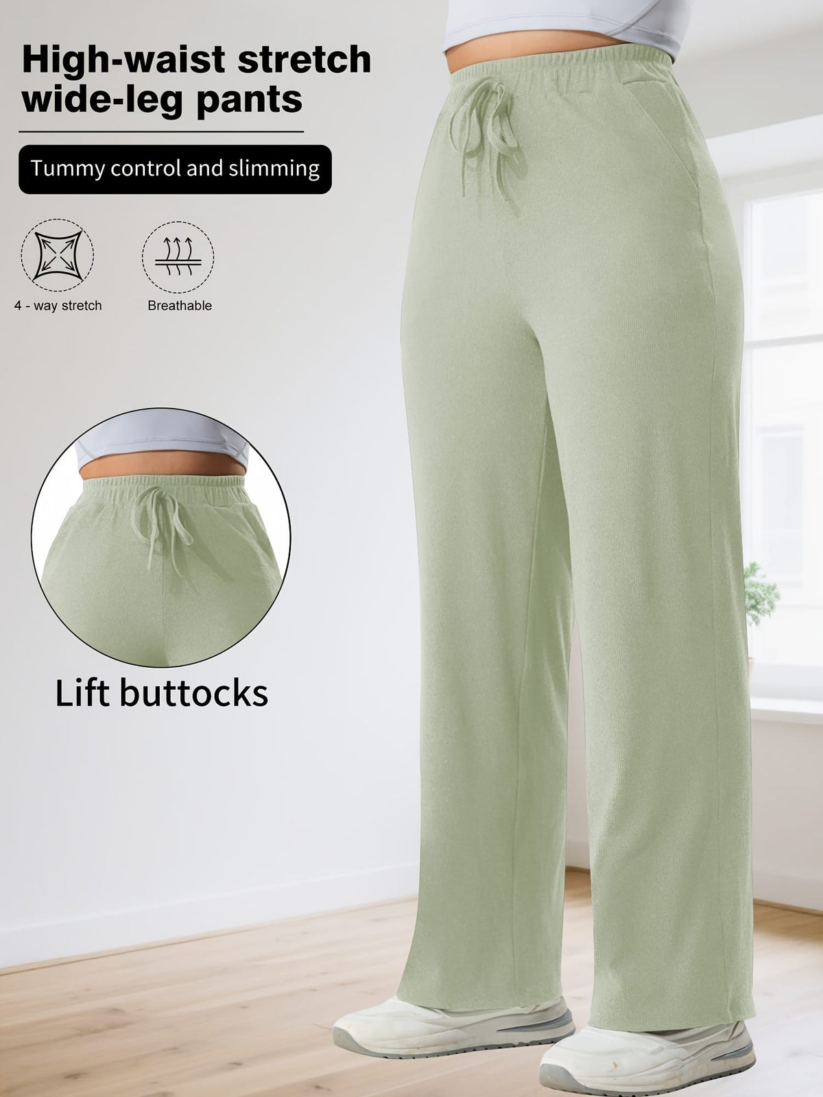 jkthpu-45 Plus Size High Stretch Wide Leg Palazzo Trousers – Lace-Up Waist