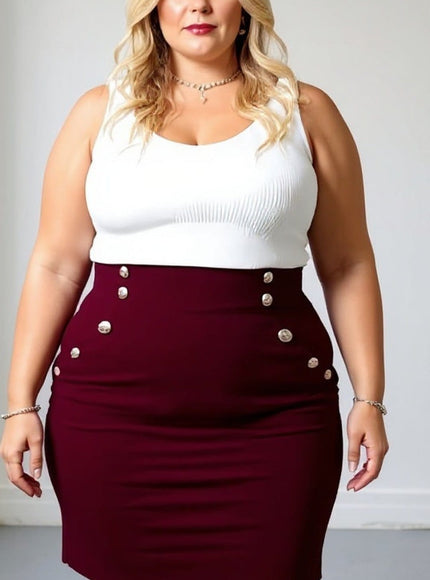 KissICON Plus Size High-Waist Burgundy Button Detail Pencil Skirt – Elegant & Versatile