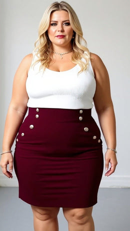 KissICON Plus Size High-Waist Burgundy Button Detail Pencil Skirt – Elegant & Versatile