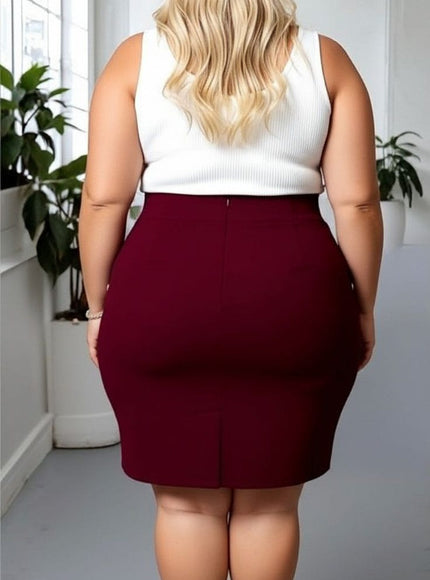 KissICON Plus Size High-Waist Burgundy Button Detail Pencil Skirt – Elegant & Versatile