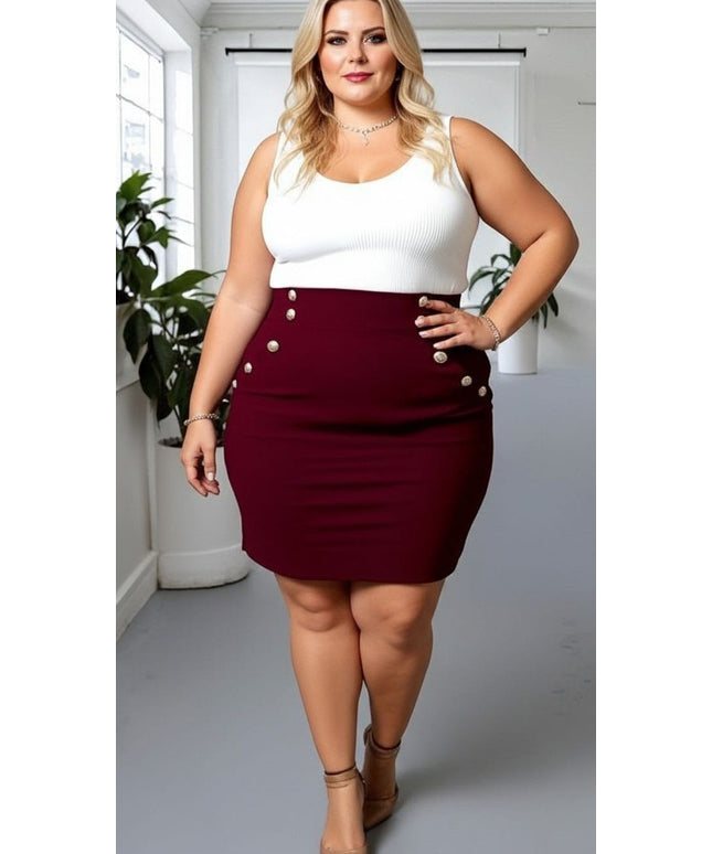 KissICON Plus Size High-Waist Burgundy Button Detail Pencil Skirt – Elegant & Versatile