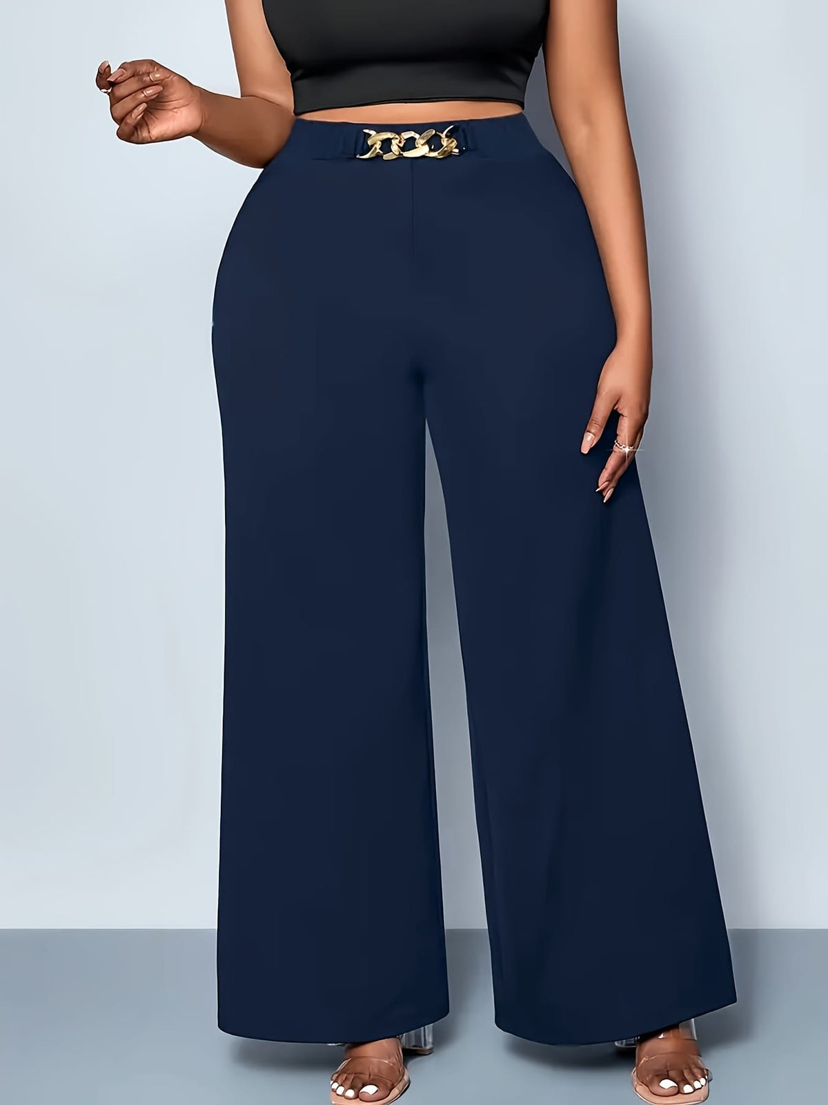 jkthpu-45 Plus Size High Waist Stretchy WideLeg Pants Black Versatility