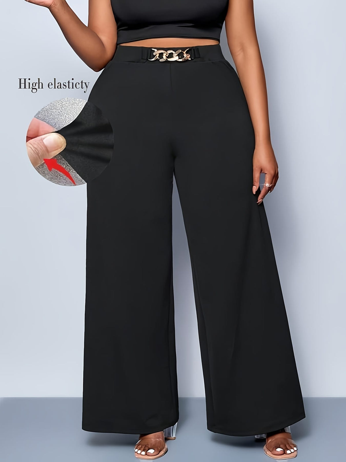 jkthpu-45 Plus Size High Waist Stretchy WideLeg Pants Black Versatility