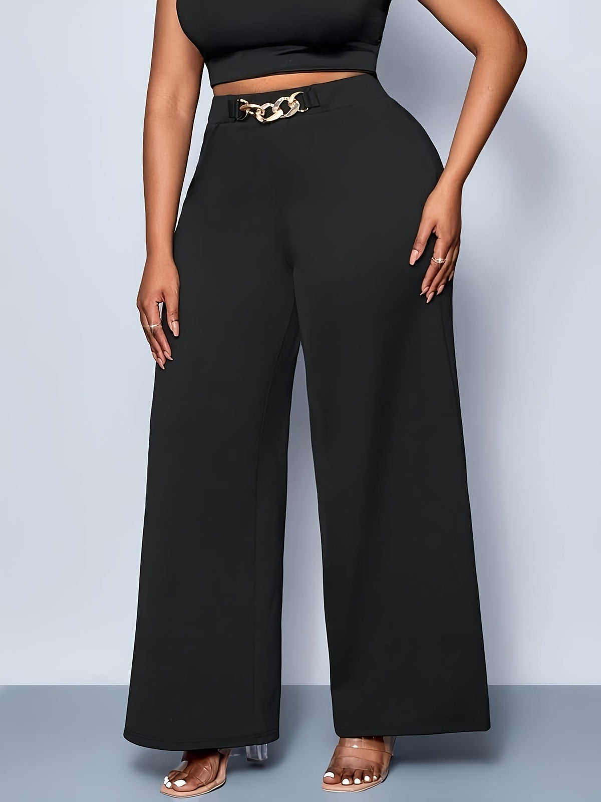 jkthpu-45 Plus Size High Waist Stretchy WideLeg Pants Black Versatility